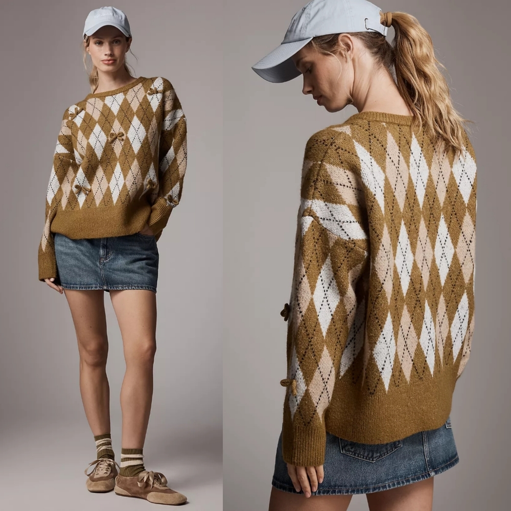 Anthropologie Maeve 3D Bow Argyle Crew-Neck Jumper